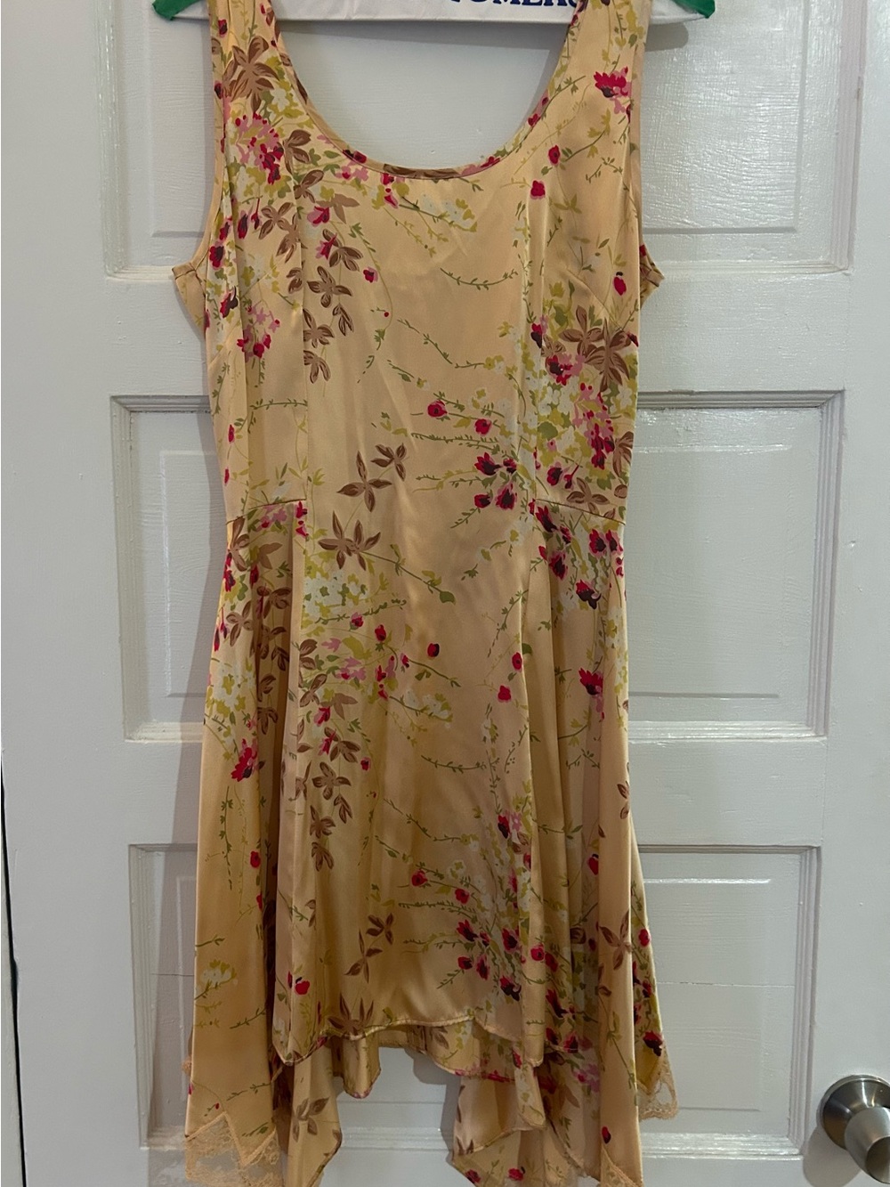 Gold Silk Floral Tank Dress with Handkerchief Hem